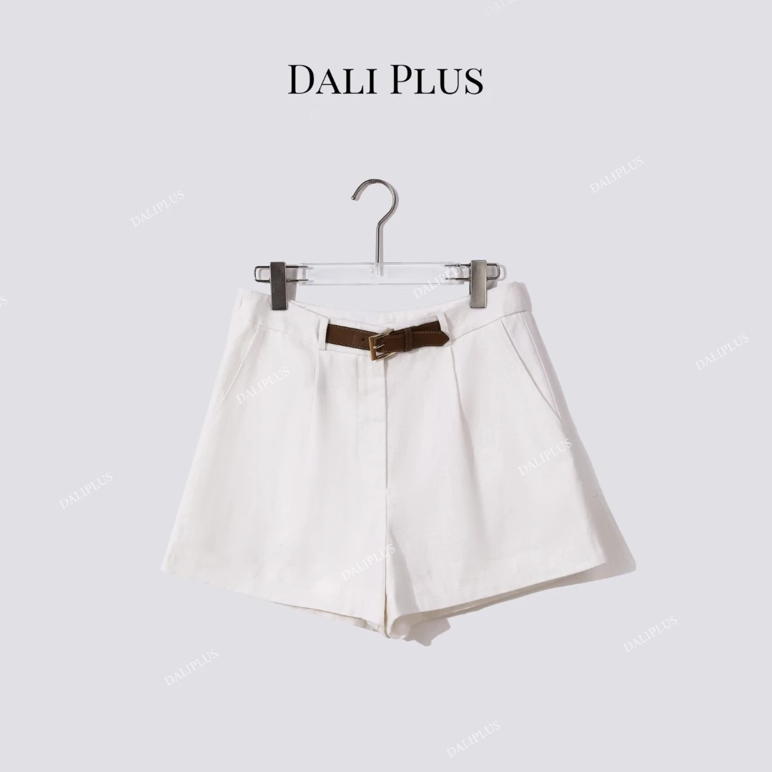 DALI PLUS“白亚麻短裤”亚麻真皮带一体白色短裤-D5TY0019