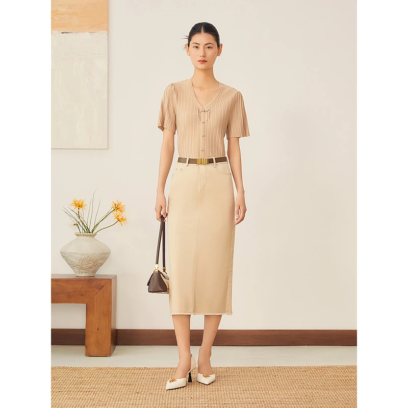 YINER音儿2025秋季新款纯棉毛边高腰修身H型直筒半身裙8C35350010