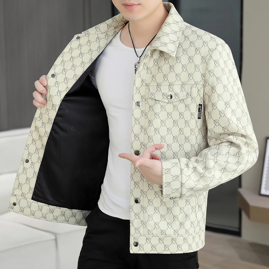 高级感提花男士夹克外套男款2025新款春秋季潮流休闲翻领短款上衣