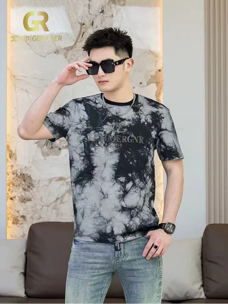 戈诺尔纯棉时尚扎染烫钻T恤短袖男士夏季圆领体恤半袖上衣男t