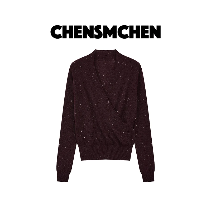 CHENSMCHEN羊毛V领交叠领针织衫女精致亮片气质显瘦上衣CSZ7173MX