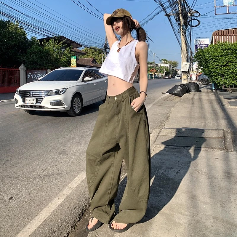 美式复古橄榄绿弯刀牛仔裤女2025夏季新款慵懒设计感拖地阔腿长裤