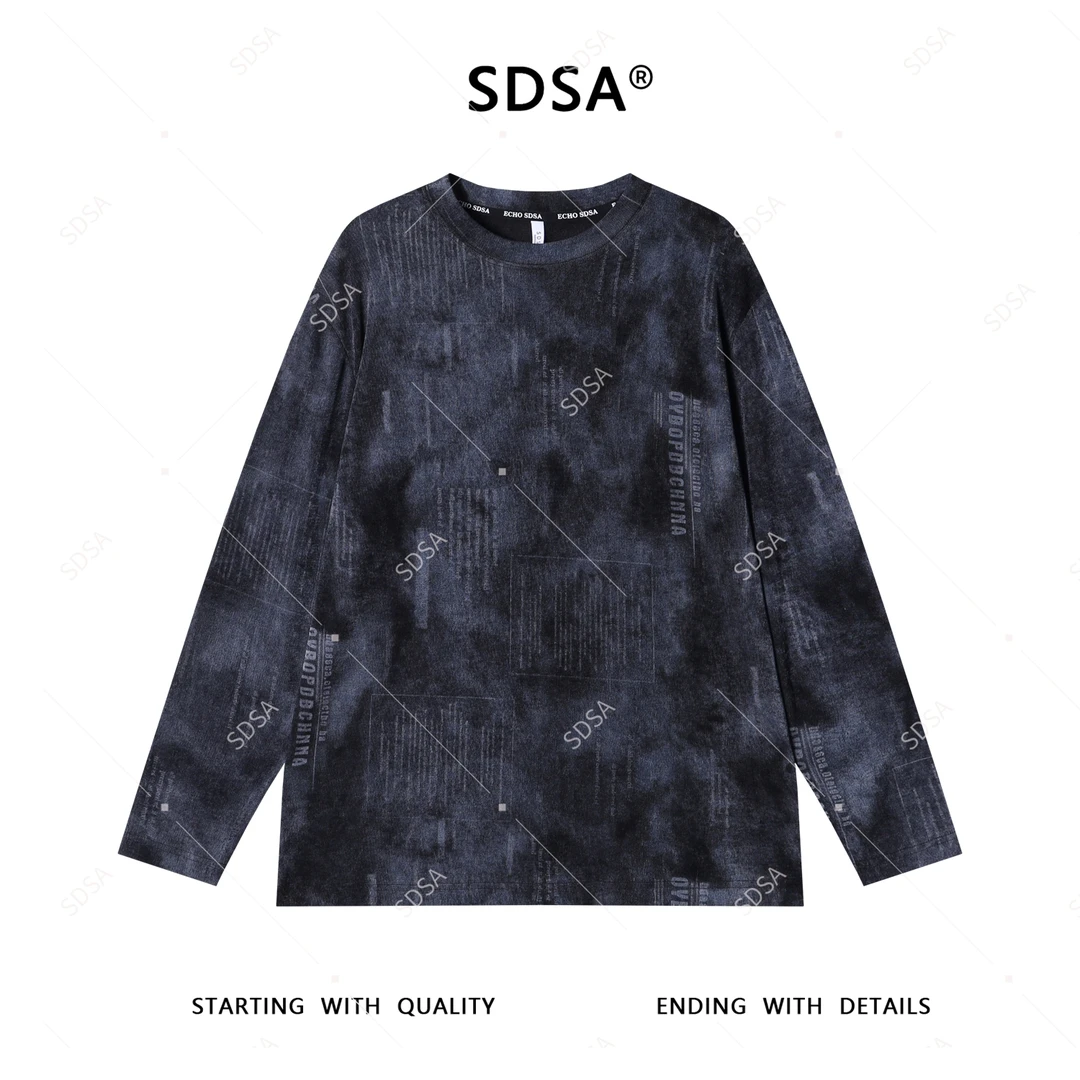 SDSA夏季新款男士痞帅韩版扎染字母做旧圆领长袖T恤百搭时尚上衣