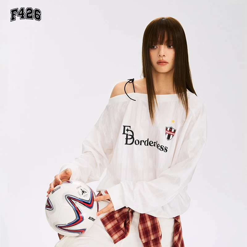 F426夏季新款美式印花斜肩球衣卫衣女生6464穿搭XH