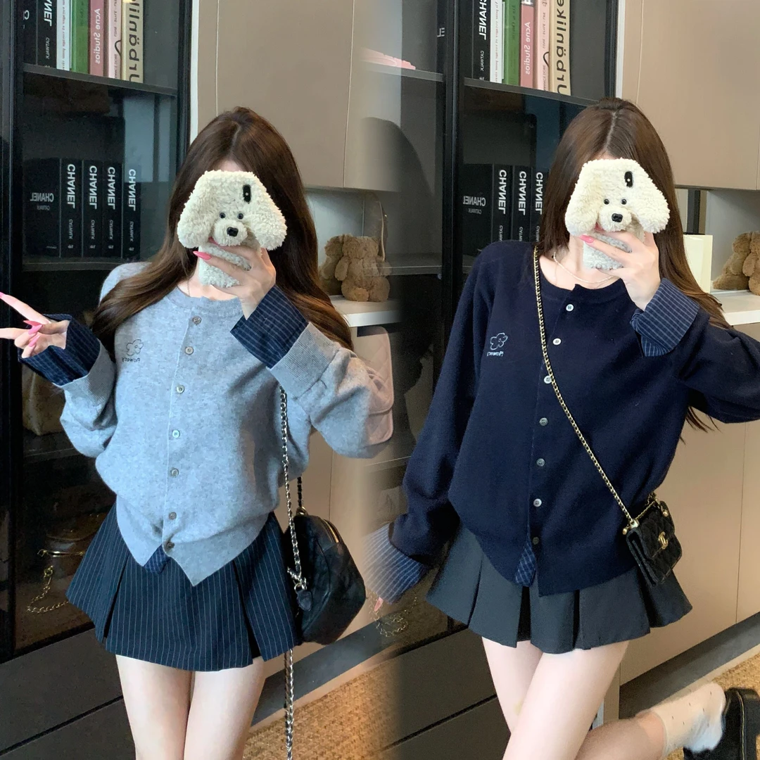 【韩女心得】微胖mm格子袖口拼接圆领针织开衫大码秋冬假两件上衣