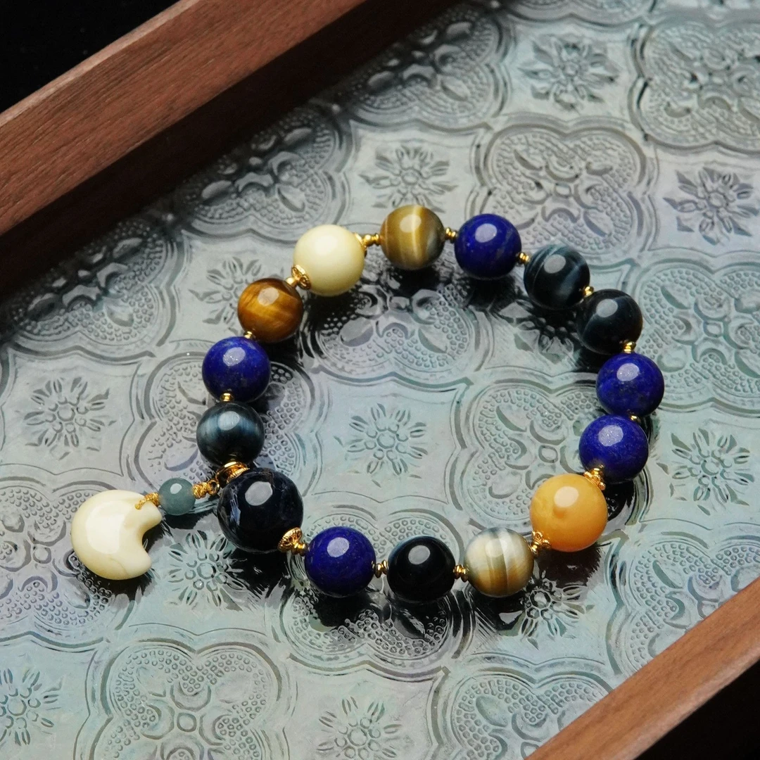 梵高的星空 天然蜜蜡10mm雕刻月亮多宝单圈手串