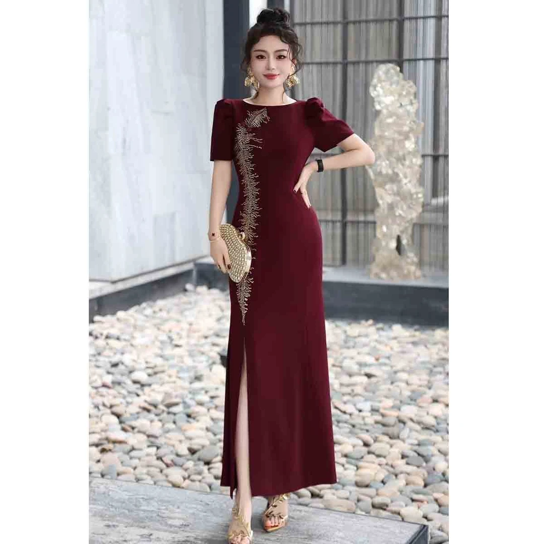 优雅女装订珠轻奢春夏时尚修身晚礼服连衣裙婚礼喜妈妈喜婆婆长裙