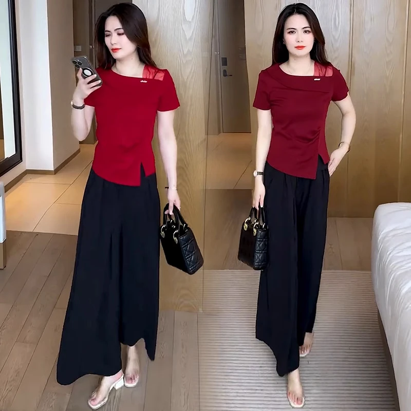 时尚套装女2025夏季新款洋气显瘦短袖T恤阔腿裤气质休闲两件套潮