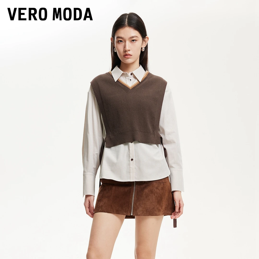 Vero Moda衬衫女装真两件针织系带马甲条纹衬衫流光风325105046
