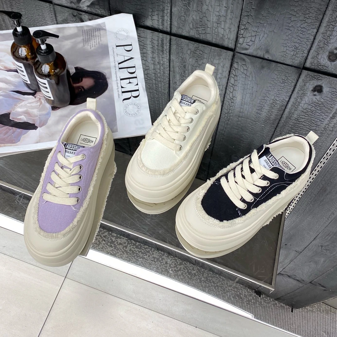 VEEFSHOW 8688-26 女帆布鞋面春季新款休闲鞋系带学生厚底增高鞋