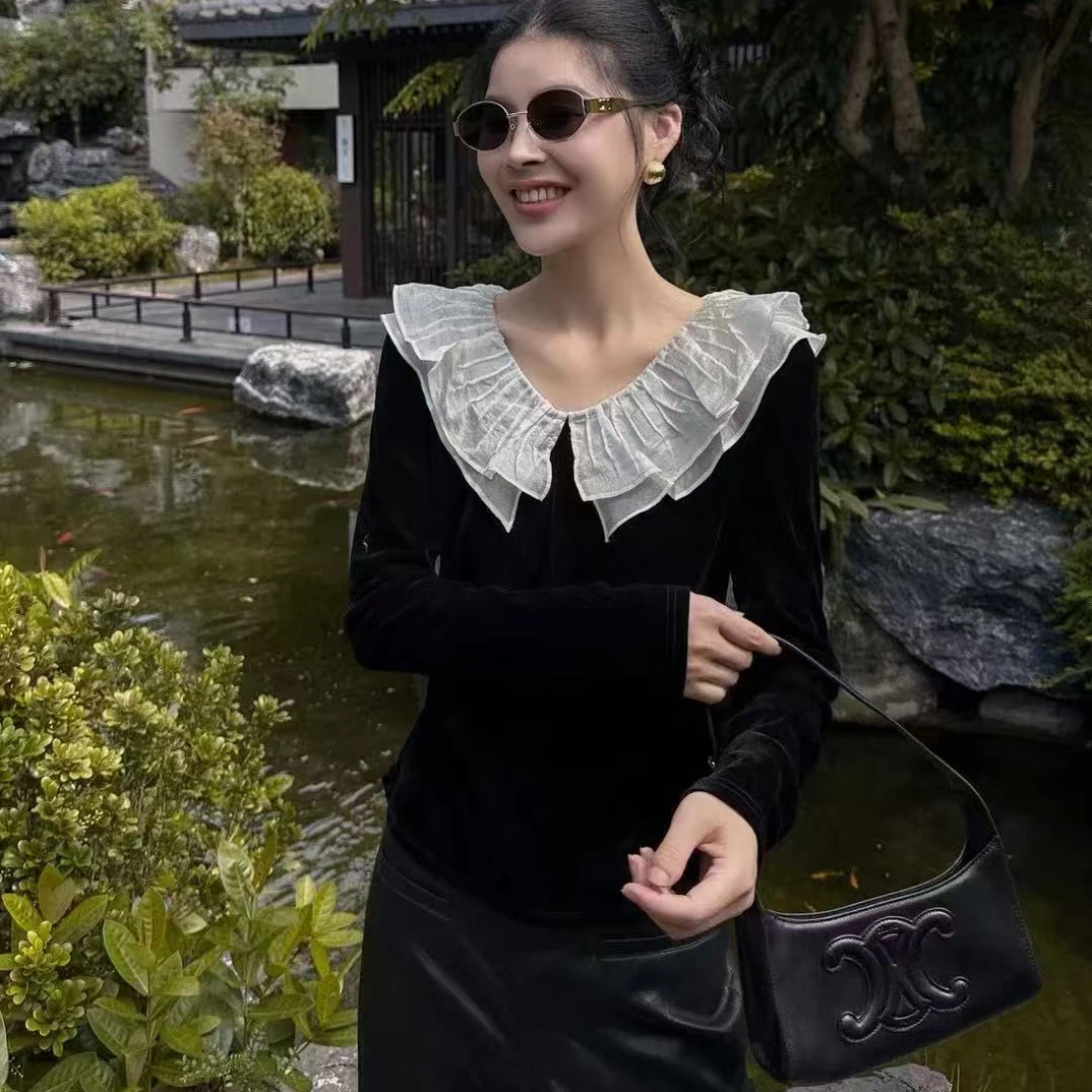 【BAI】秋季新款时尚百搭荷叶边小衫上衣7818
