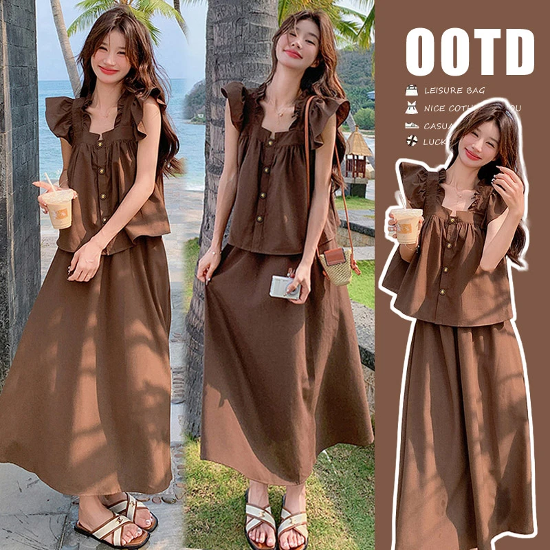 大码女装2025夏季套装韩版宽松方领甜美小飞袖上衣半身裙两件套