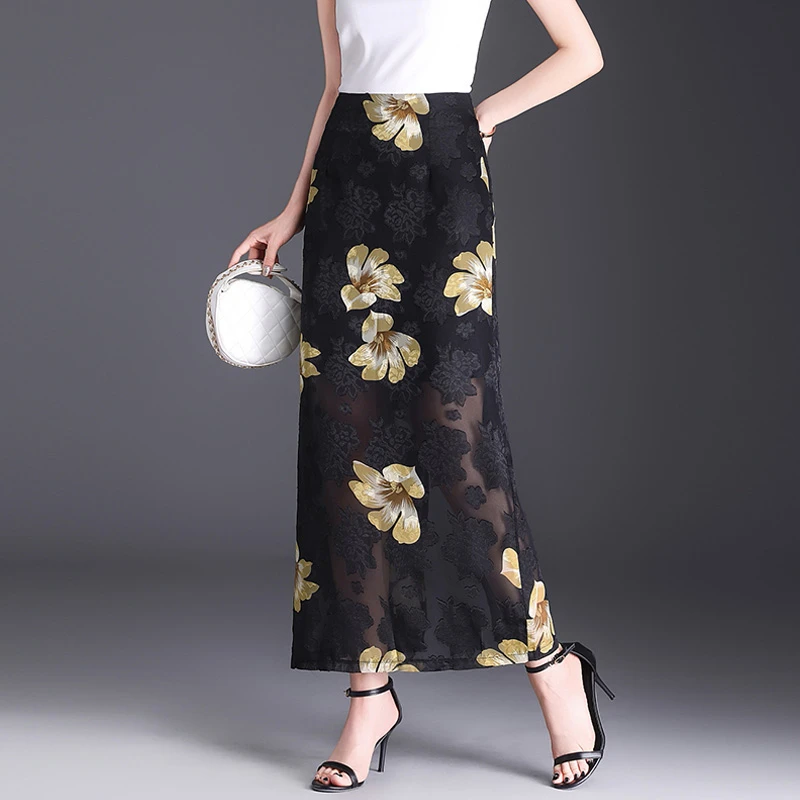 印花雪纺半身裙女夏2025新款高腰长裙开叉显瘦包臀裙直筒一步裙子