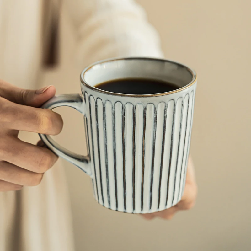 YE HOME 复古竖纹马克杯陶瓷杯子大容量水杯家用早餐牛奶杯咖啡杯