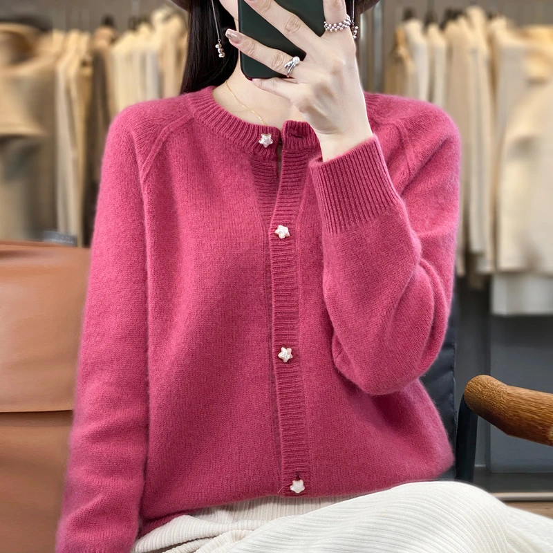 简直太美啦~秋冬新款七针星星扣插肩开衫圆领纯羊毛衫女百搭毛衣