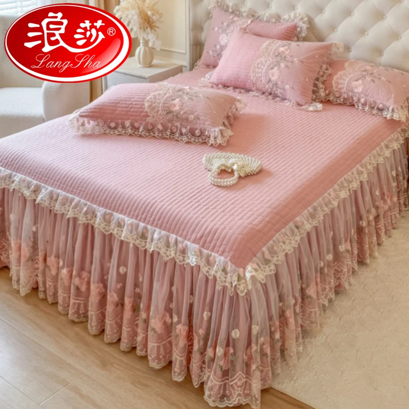 浪莎2025新款夹棉加厚床裙单件花边公主风遮丑床单被套三四件套
