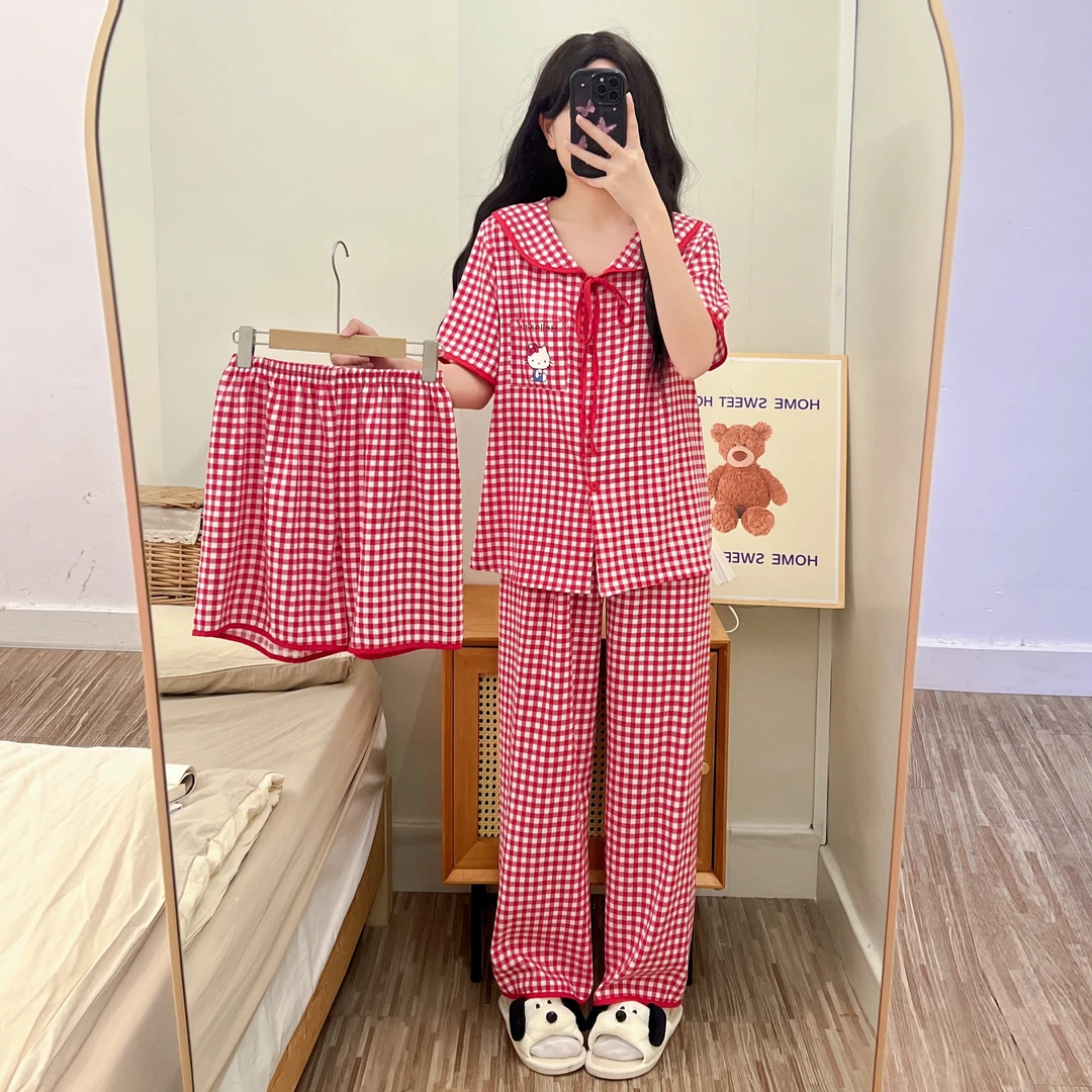 知莺夏季居家短袖女薄款睡衣家居服套装大码休闲格子年轻人短裤