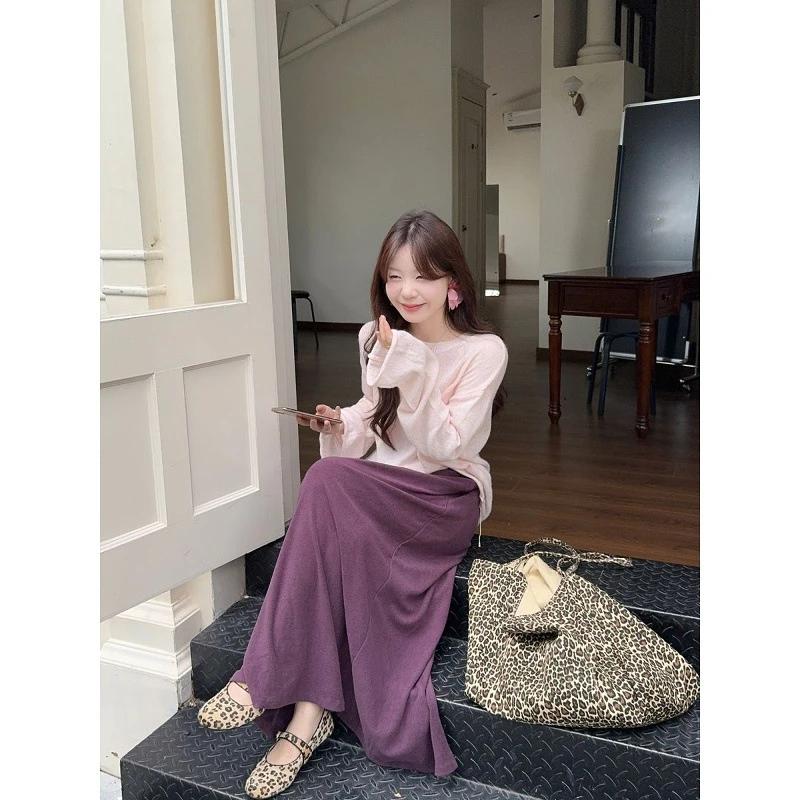法式温柔风宽松慵懒针织毛衣上衣2025早秋新款时尚气质紫色半身裙