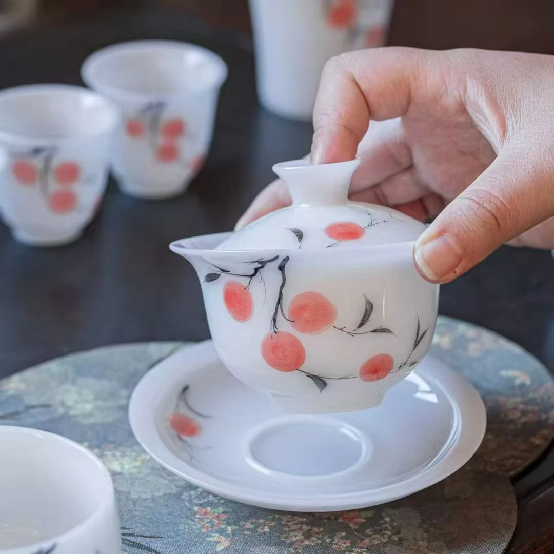 德化白瓷冰种璞玉手绘可悬停釉下彩茶具中式高档陶瓷家用送礼简约