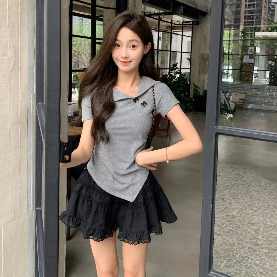 设计感不规则翻领蝴蝶结褶皱短袖T恤女气质正肩修身显瘦短款上衣