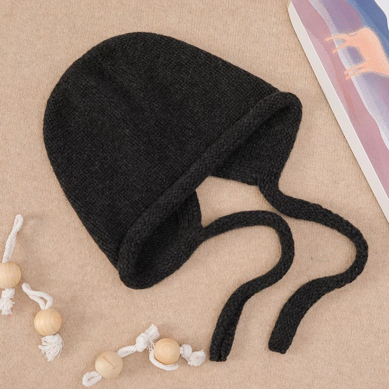 粗针厚款护耳帽可爱抽绳系绳冬季100%纯山羊绒针织帽子大头围卷边