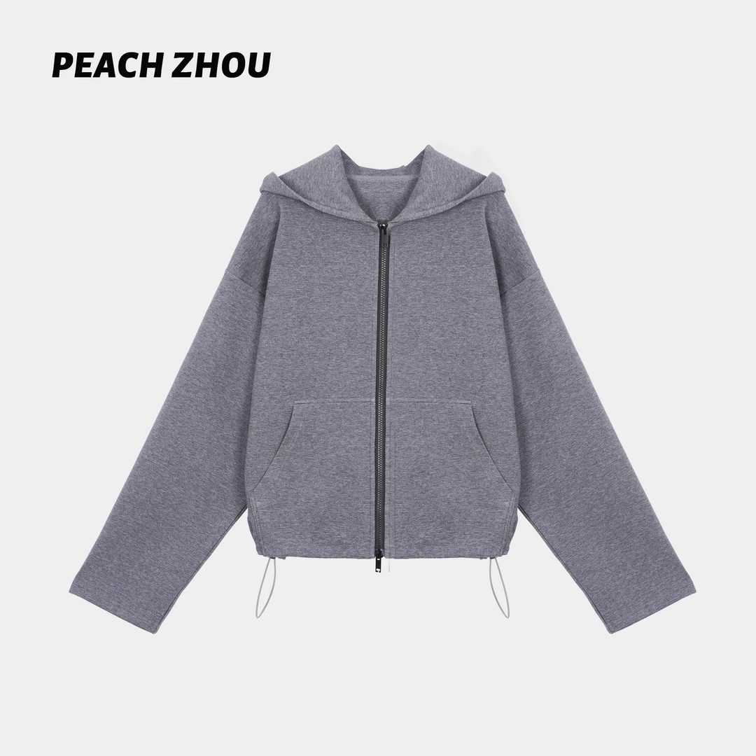 『PEACHZHOU』灰色空气层抽绳调节宽松连帽外套休闲百搭拉链上衣