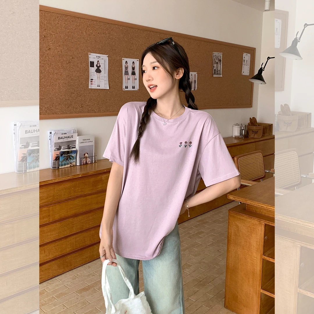 韩系雪花棉元气感短袖T恤女2025夏季新款印花设计感宽松慵懒上衣
