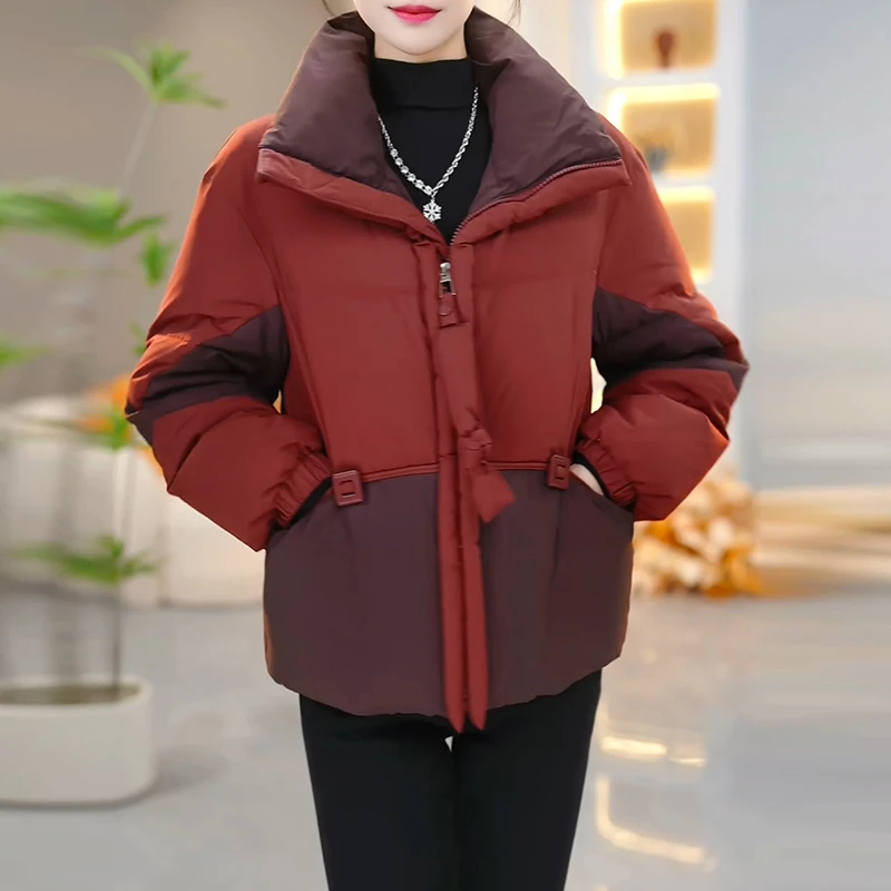 时尚拼接羽绒服女2025年冬季新款妈妈加厚保暖白鸭绒宽松遮肉外套