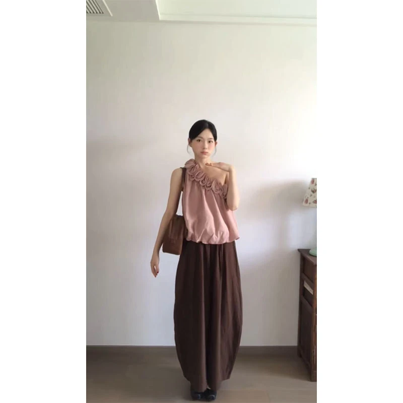韩系设计感小众洋气花边单肩无袖上衣高腰修身显瘦直筒阔腿裤套装