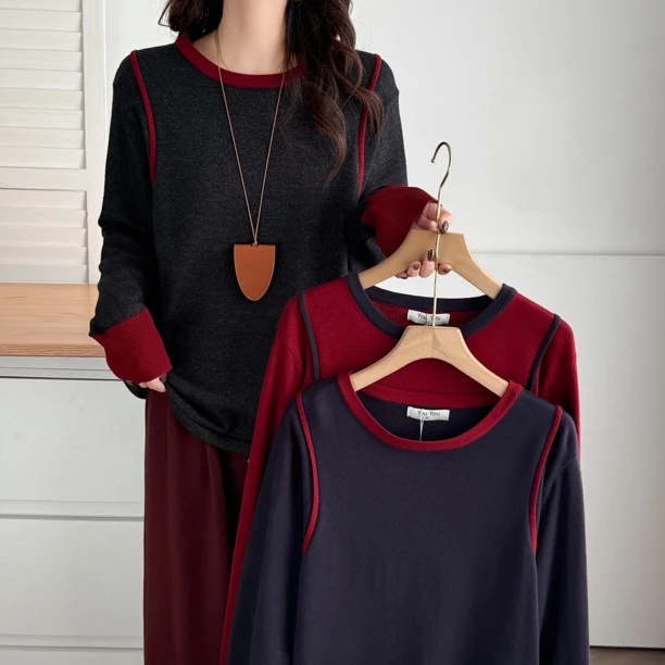 长袖适中拼接短款圆领女毛针织衫宽松时尚上衣显瘦女装套头毛衫