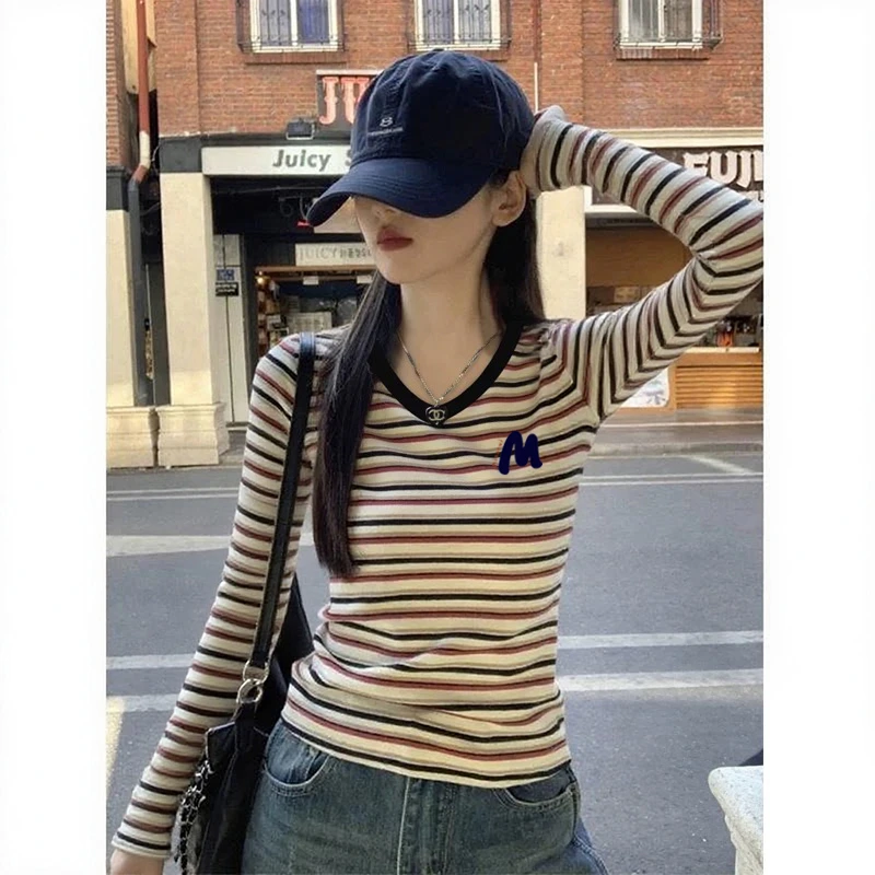 清仓捡漏~秋季正肩修身打底衫撞色条纹长袖上衣女圆领美式复古T恤