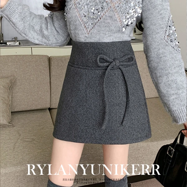 RYLAN天生优雅MIU系灰色毛呢蝴蝶A字半身裙