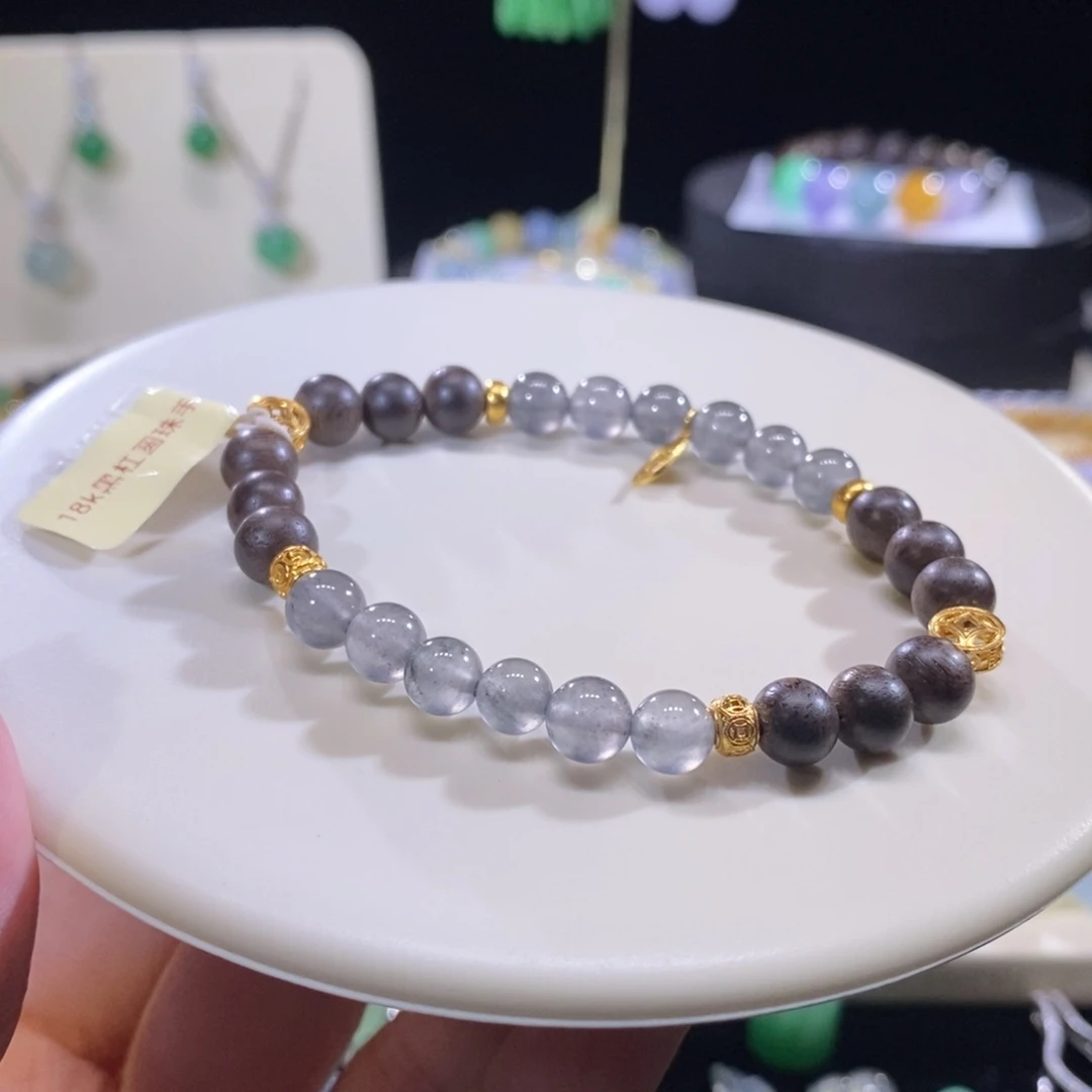 翡翠18K金镶嵌手串18K黑钢手串卡6+