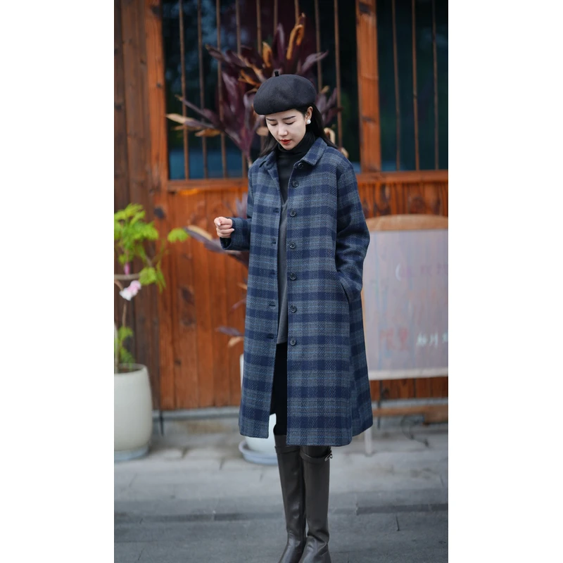 北桔2024秋冬新款复古时尚休闲格纹加厚夹棉长款大衣外套女4040