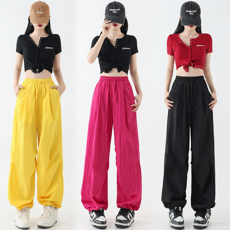 夏季薄款透气速干广场舞运动休闲阔腿伞兵裤女时尚百搭显瘦