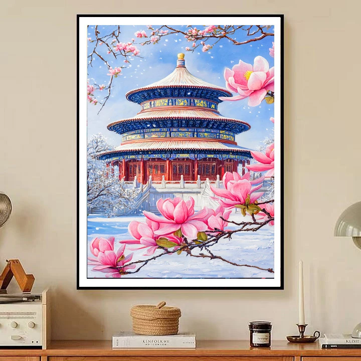 已买版权国风2025新款十字绣玉兰雪景祈年殿线绣手工自己绣风景画