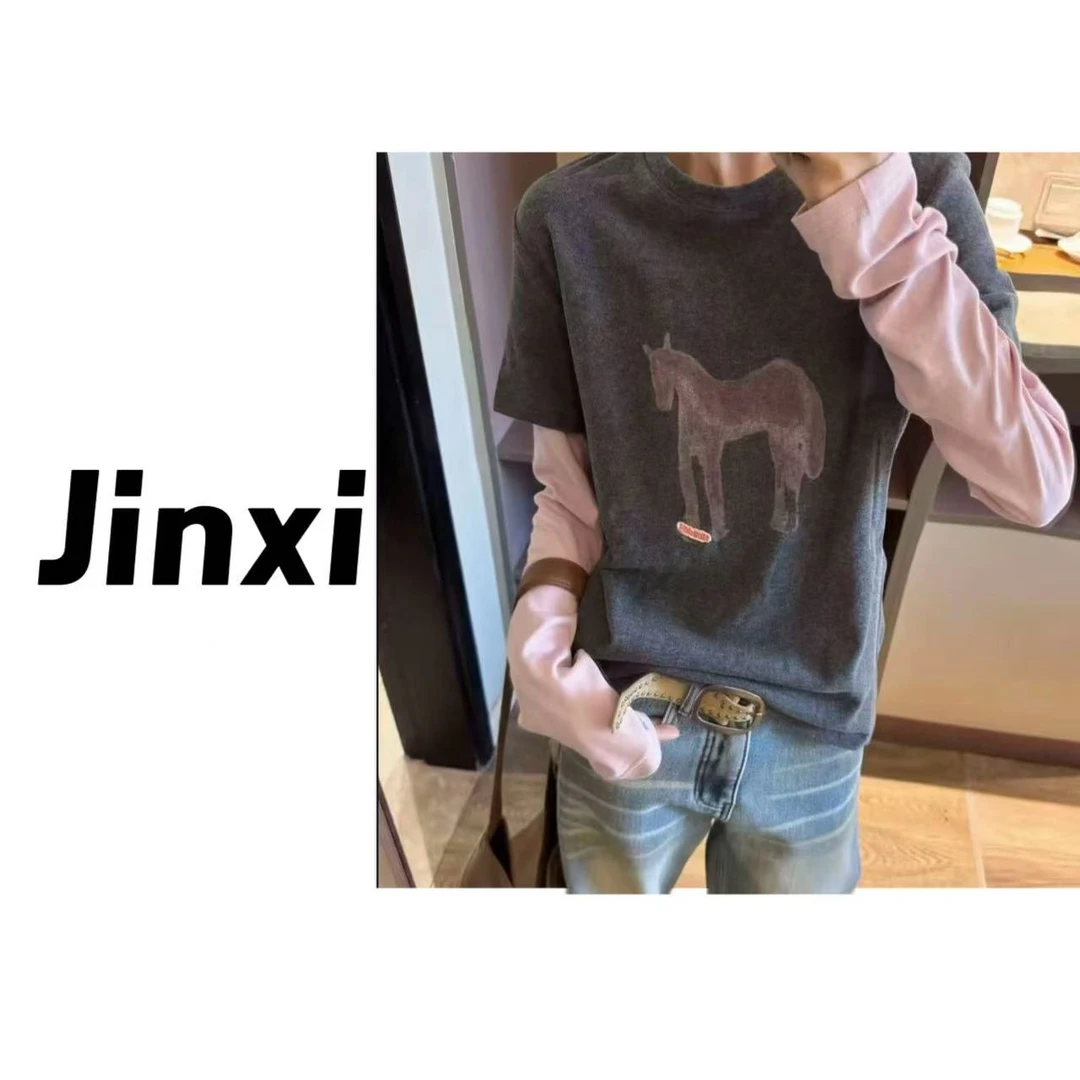 金喜家-【小马假两件】韩系休闲圆领长袖小马假两件T恤