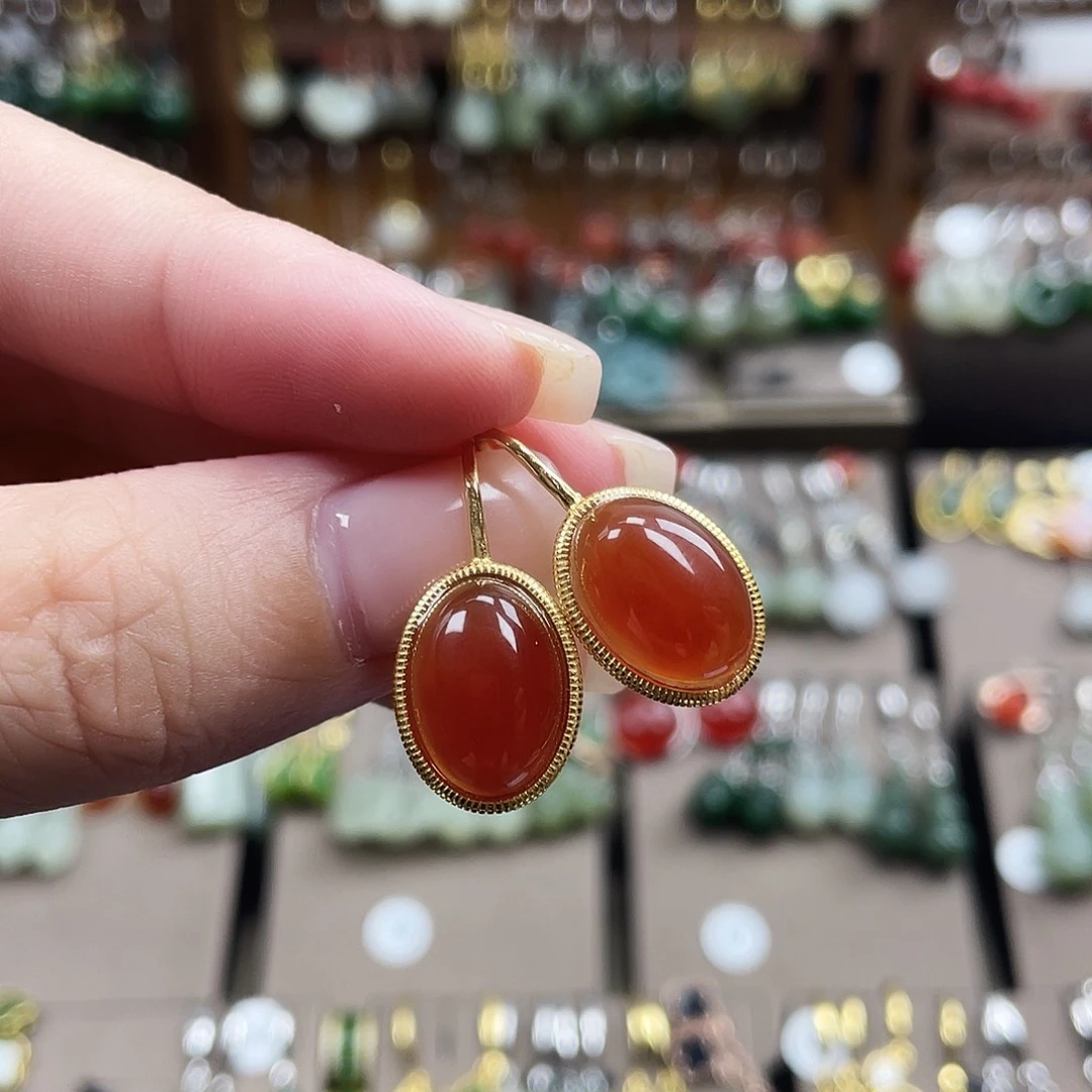 玛瑙/玉髓银S925镀金镶嵌耳饰