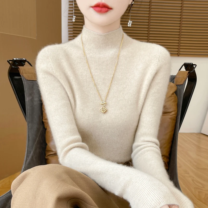 【一线成衣·全无缝】100羊毛加厚半高领针织衫女套头毛衣修身打底