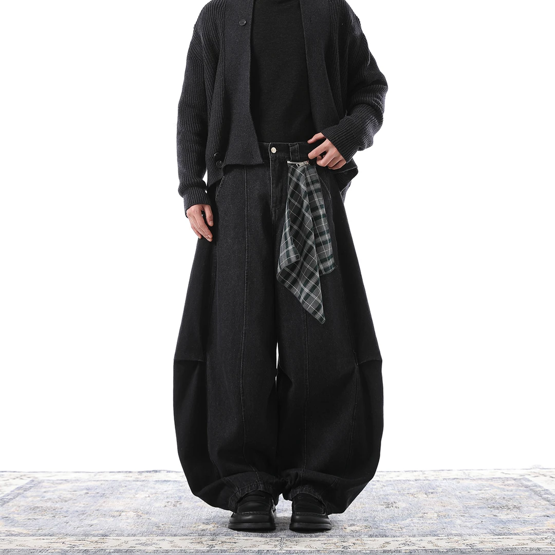 MONOLOGE重工水洗可拆卸方巾设计感弯刀牛仔裤复古做旧阔腿工装裤