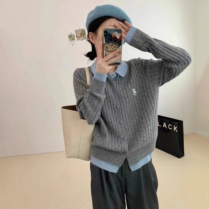 洋气假两件针织开衫2025早春新款百搭女小众撞色毛衣外套打底上衣