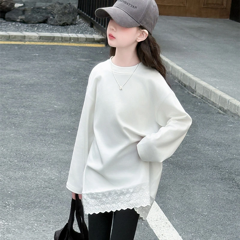 女童白色打底衫春秋装2025新款洋气中大儿童长袖T恤蕾丝边时尚潮