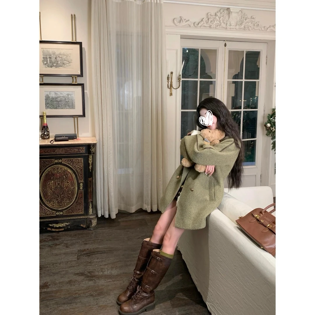 【暖调序曲】加厚毛呢新款拼接皮韩系外套秋冬