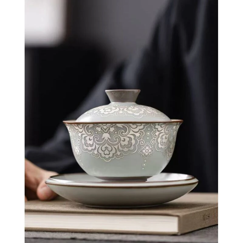 （旗舰号）如意纹汝窑圆融盖碗(安全包装)