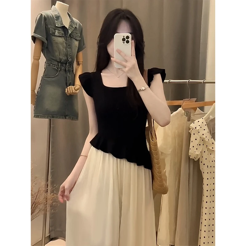 法式黑色短袖t恤女装夏季设计感小众修身显瘦木耳边上衣2025新款