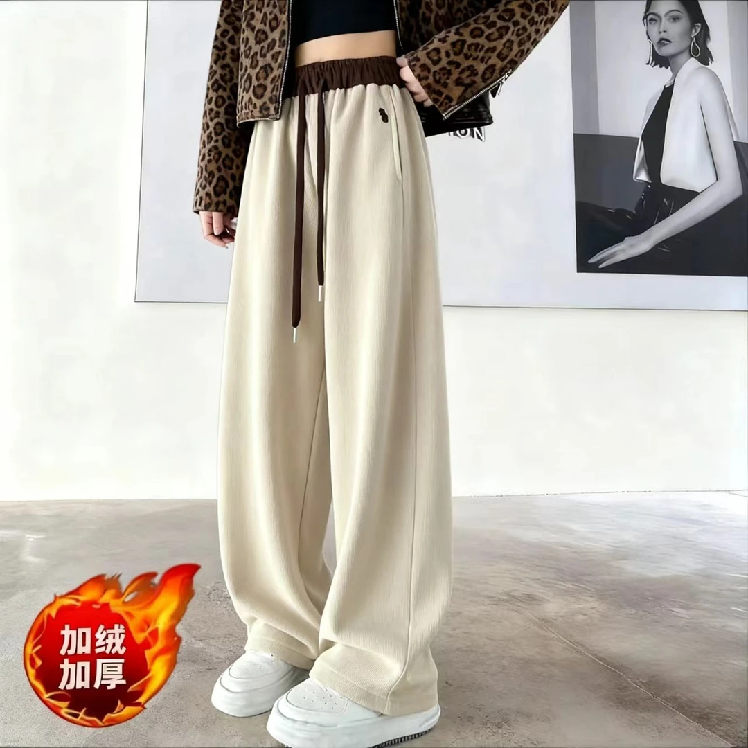 【加绒加厚】2025正版爆款一裤两穿百搭刺绣拼色高腰弯刀阔腿裤