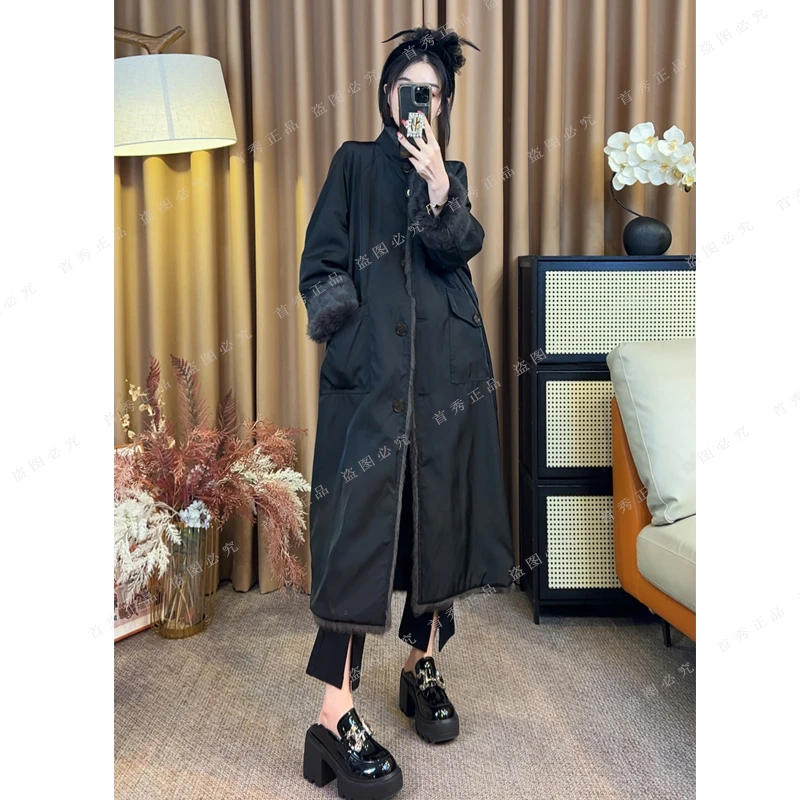 25冬季兔毛立领中长款大衣两面穿时髦派克服外套-2838