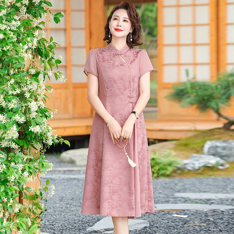 改良妈妈夏装新国风气质通勤中长A字连衣裙立体装饰短袖免烫处理