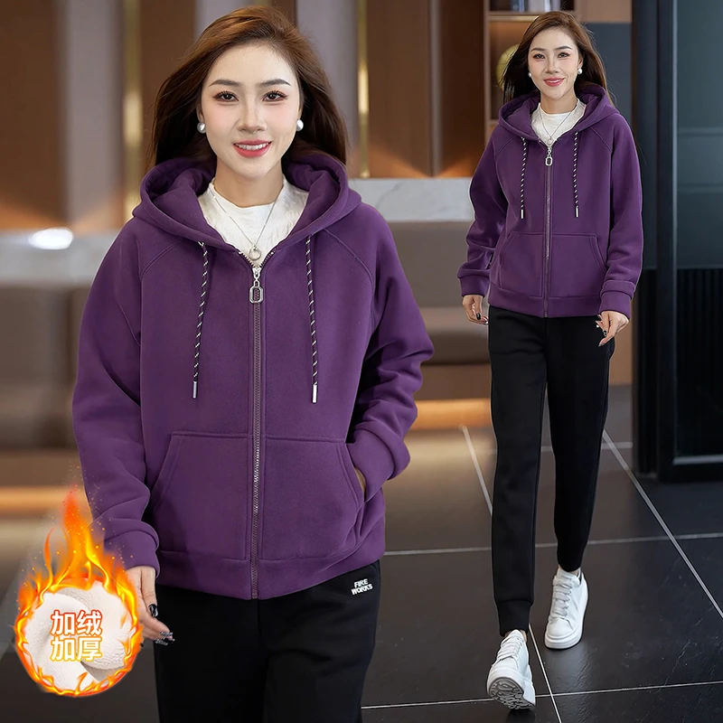 洋气加绒加厚连帽外套女秋冬2025新款休闲大码套装气质妈妈两件套