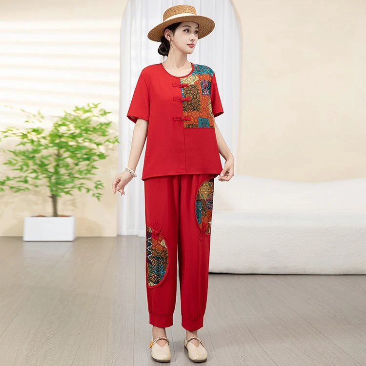 时尚休闲简约套装女2025夏季新款减龄洋气拼接上衣裤子通勤套装